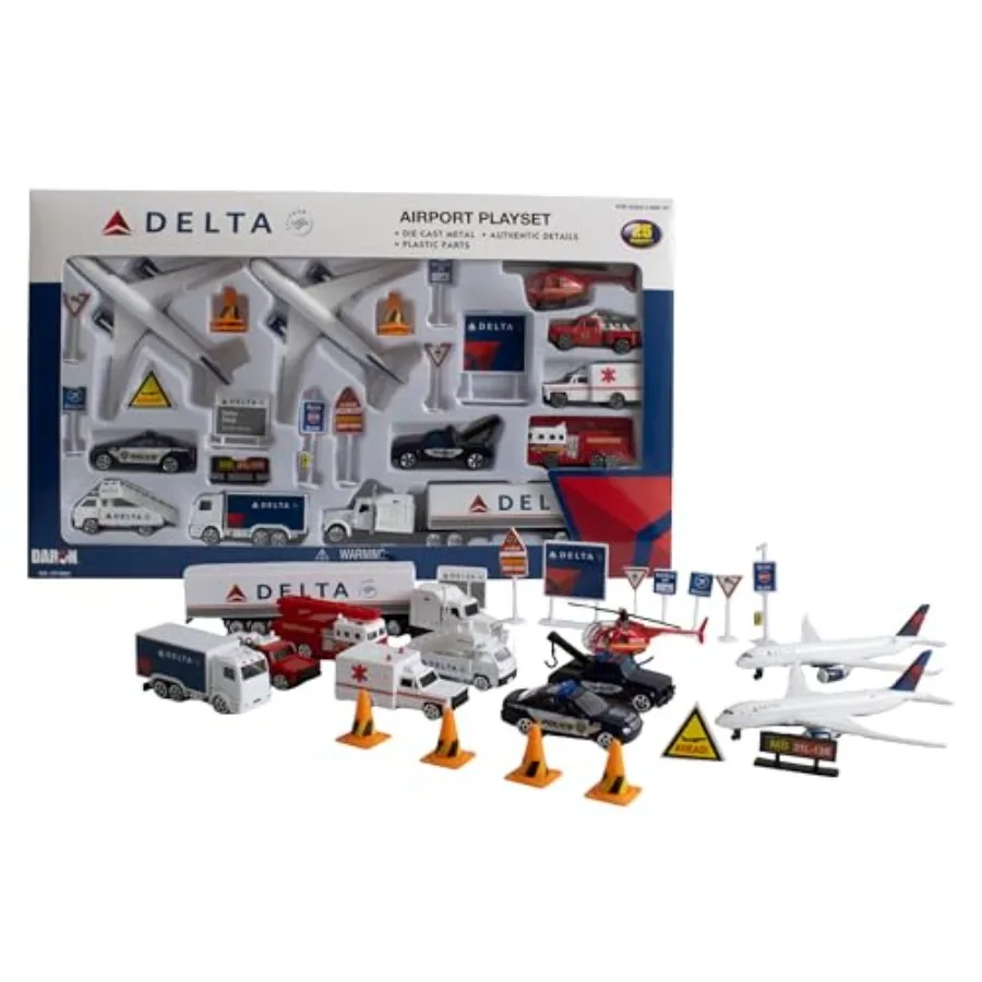 Daron Deta Airport 25-Piece Die-Cast Playset Toy for Ages 3+, Metal, Blue and Gray, Includes 2 Airplanes, Vehicles, Helicopter,