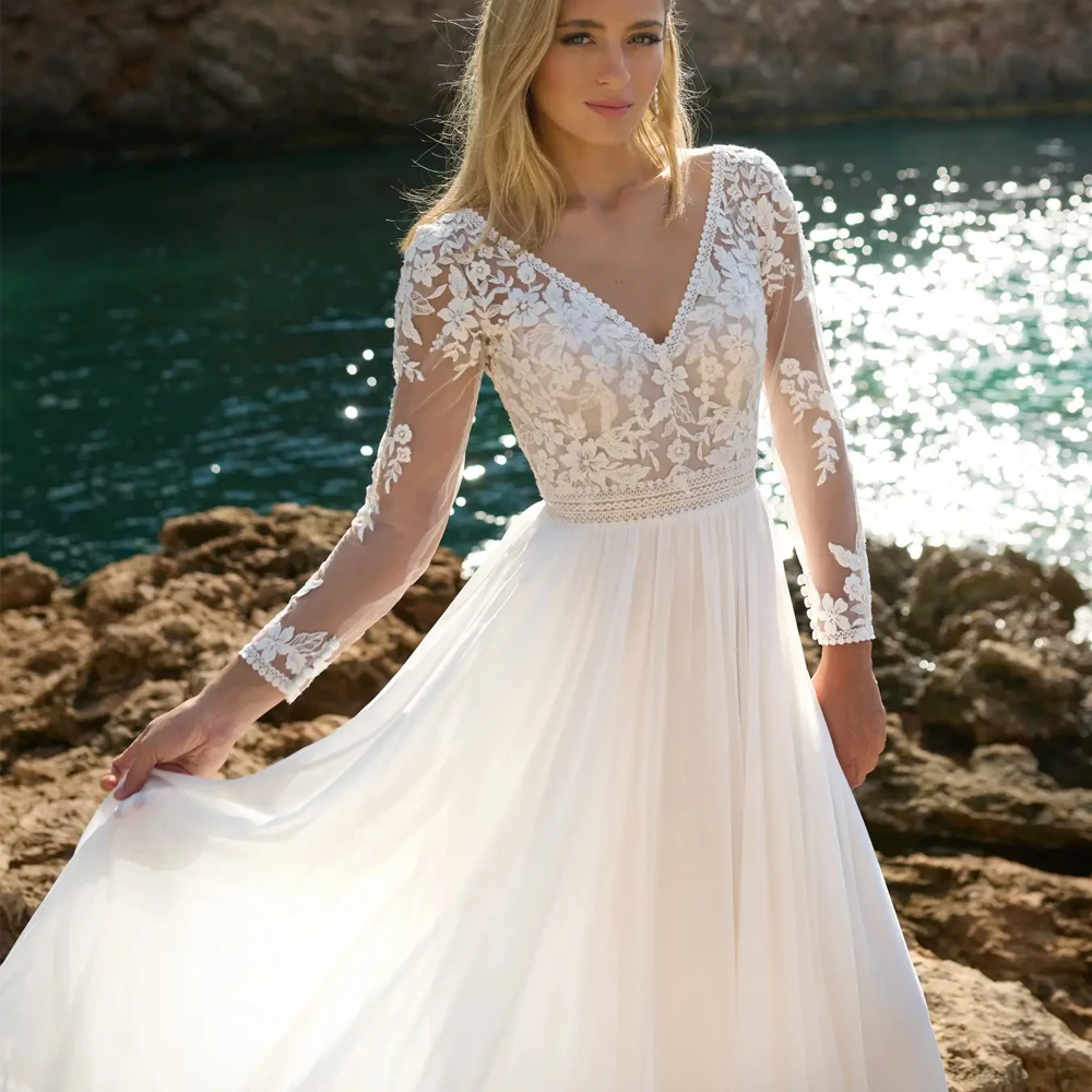 Sexy Long Sleeves Wedding Dresses V Neck Bridal Growns Applique Lace Zipper Evening Dresses Customized Chiffon Vestidos De Novia