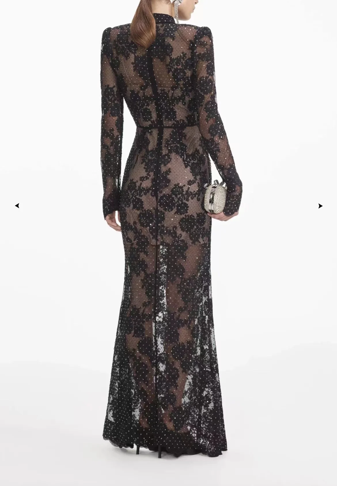 2024 Black White Sexy Lace Long Sleeve Lace Patchwork See Through Diamonds Maxi Dress for Women