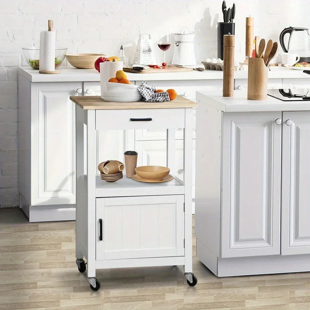 Rolling Kitchen Island Cart w/ Storage Shelf Cabinet and Drawer on Wheels White