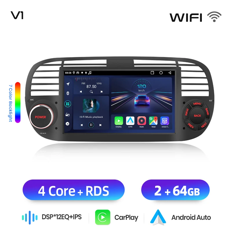 Junsun 7 inch draadloze CarPlay Android Auto autoradio voor Fiat 500 500C Abarth 2007-2015 Multimedia draadloze Apple CarPlay Smart Intelligent Systems IPS touchscreen stereo videospeler 2 Din