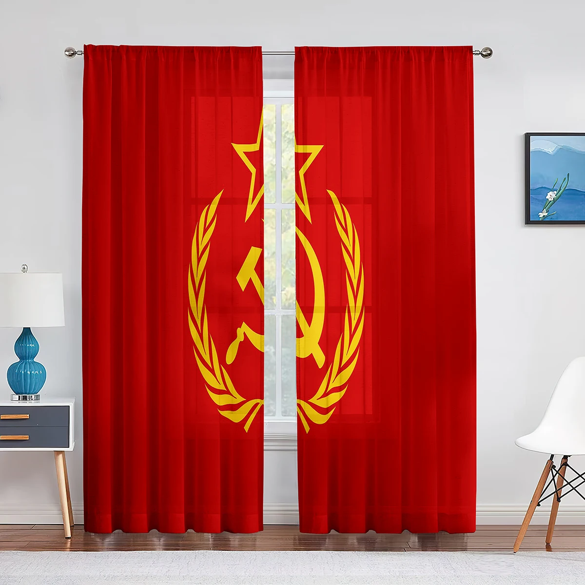 Soviet Union CCCP USSR Emblem Red Tulle Curtains for Living Room Bedroom Decoration Chiffon Sheer Voile Kitchen Window Curtain