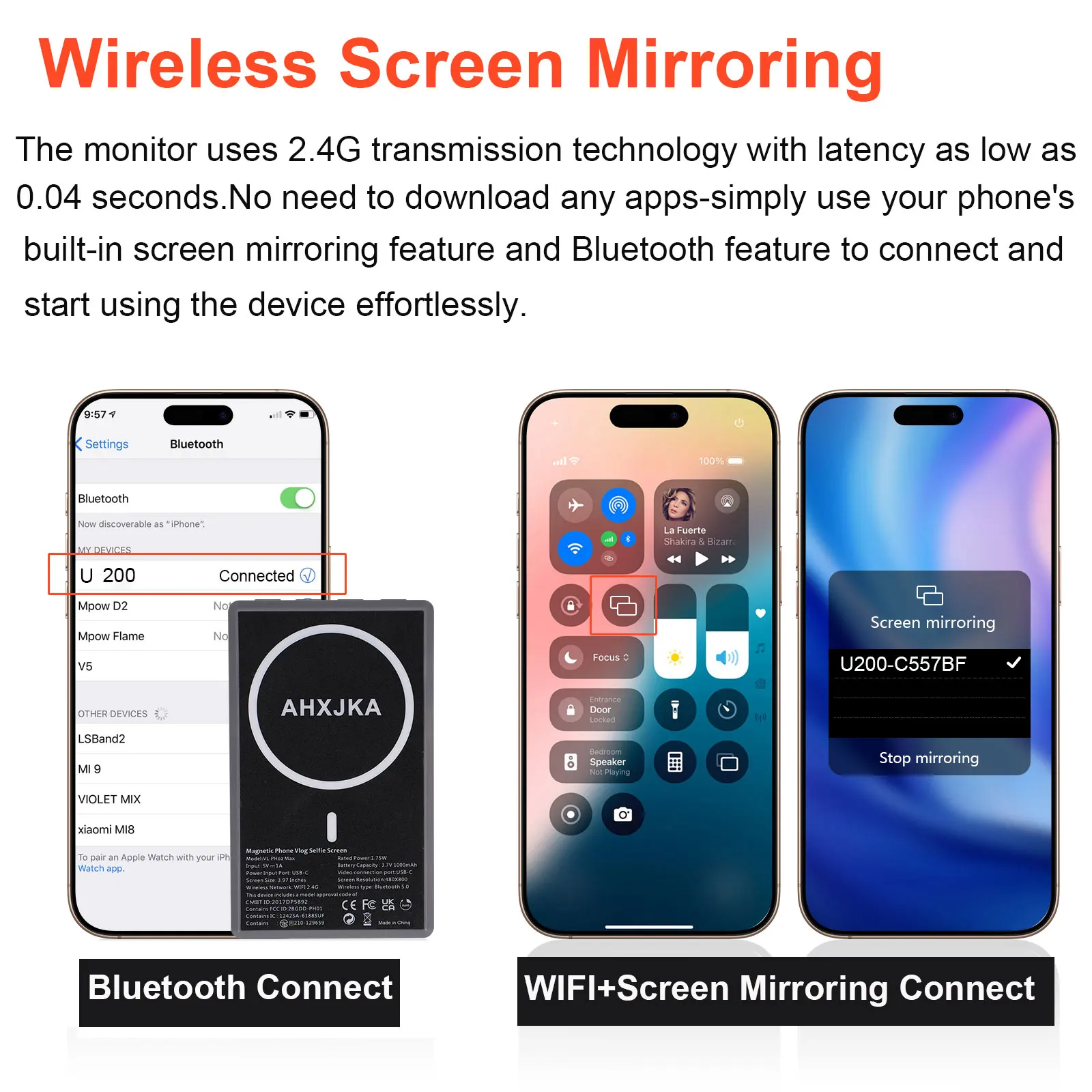 3.97 "téléphone magnétique Vlog Selfie moniteur écran enregistrement sans fil utilisant la caméra arrière du téléphone pour Selfie Vlog flux en direct Bluetooth