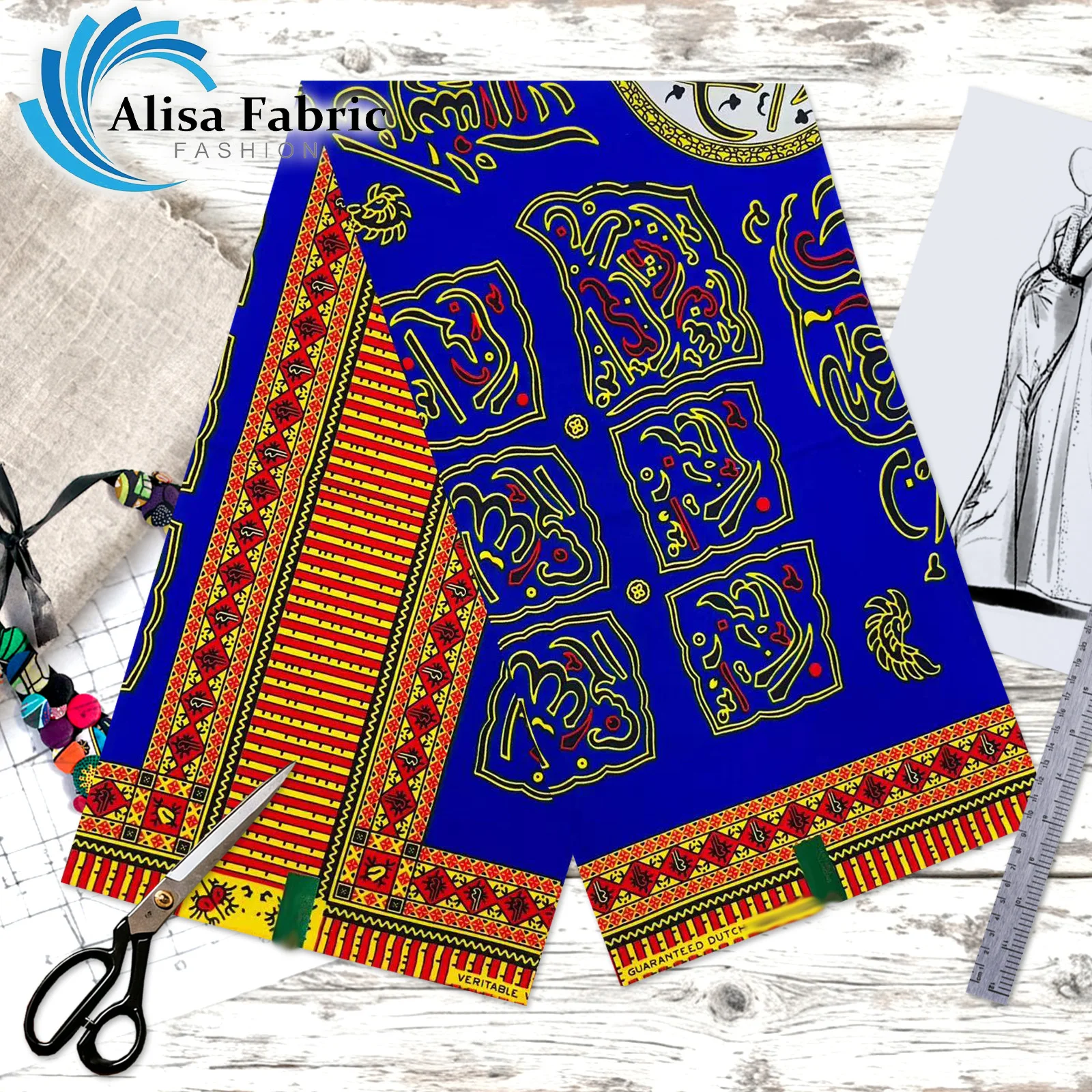 

2025 New style hollandais African wax print fabric 100% cotton 6 yards tissus couture for wedding dresses, Blue, Red & Yellow