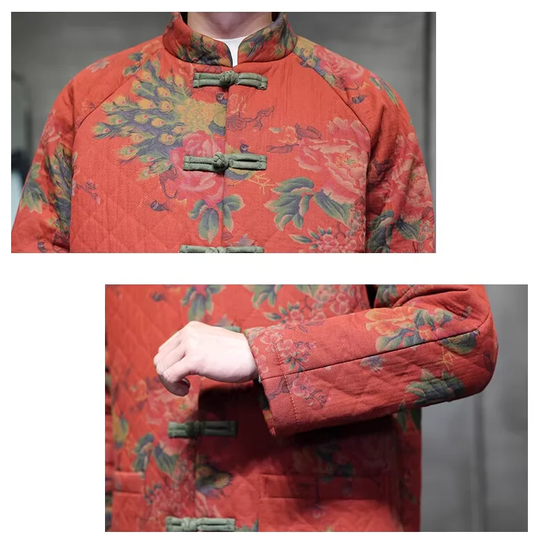 جواكت شتوية للرجل ريترو التقليدية طباعة زهرة تانغ دعوى سترة الرجال الكونغ فو تاي تشي معطف سترات غير رسمية الرجال الملابس #5