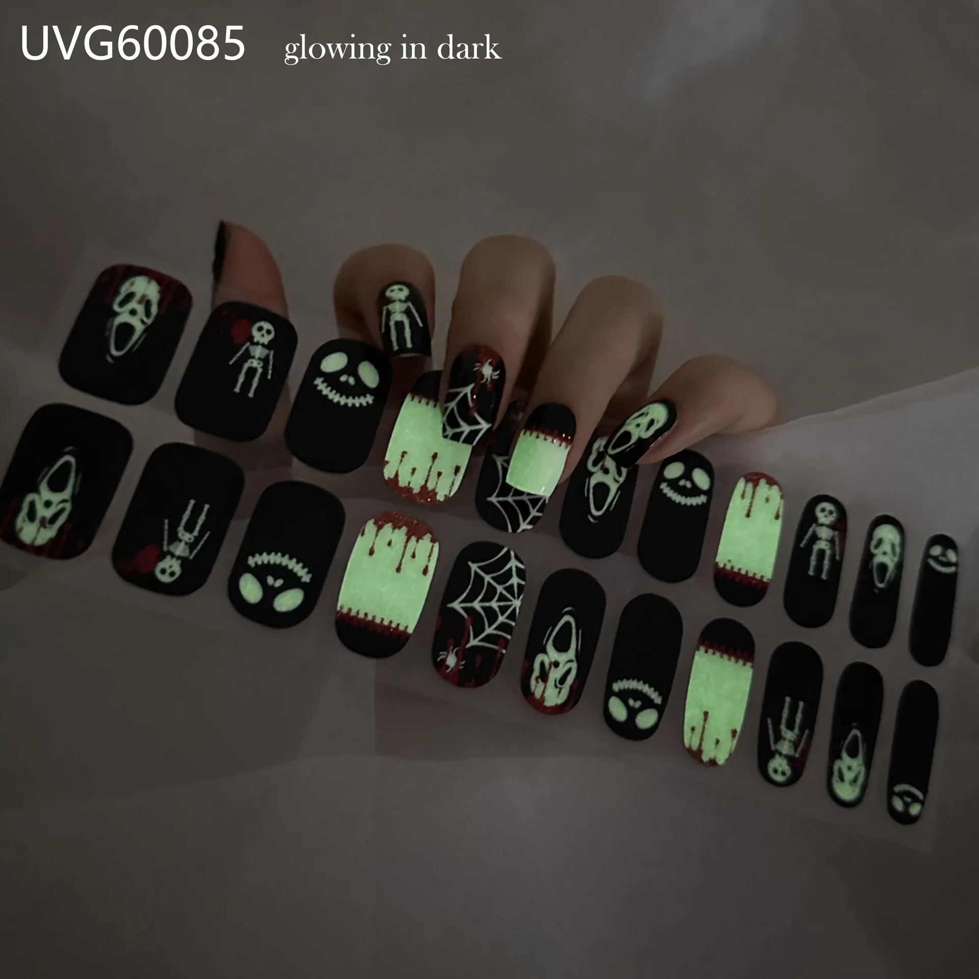 Happy Halloween Semi-cured UV Gel Nail Stickers Glow In Dark Pumpkin Skull Full Cover Gel UV Lamp Gel Nail Strips Nail At Home