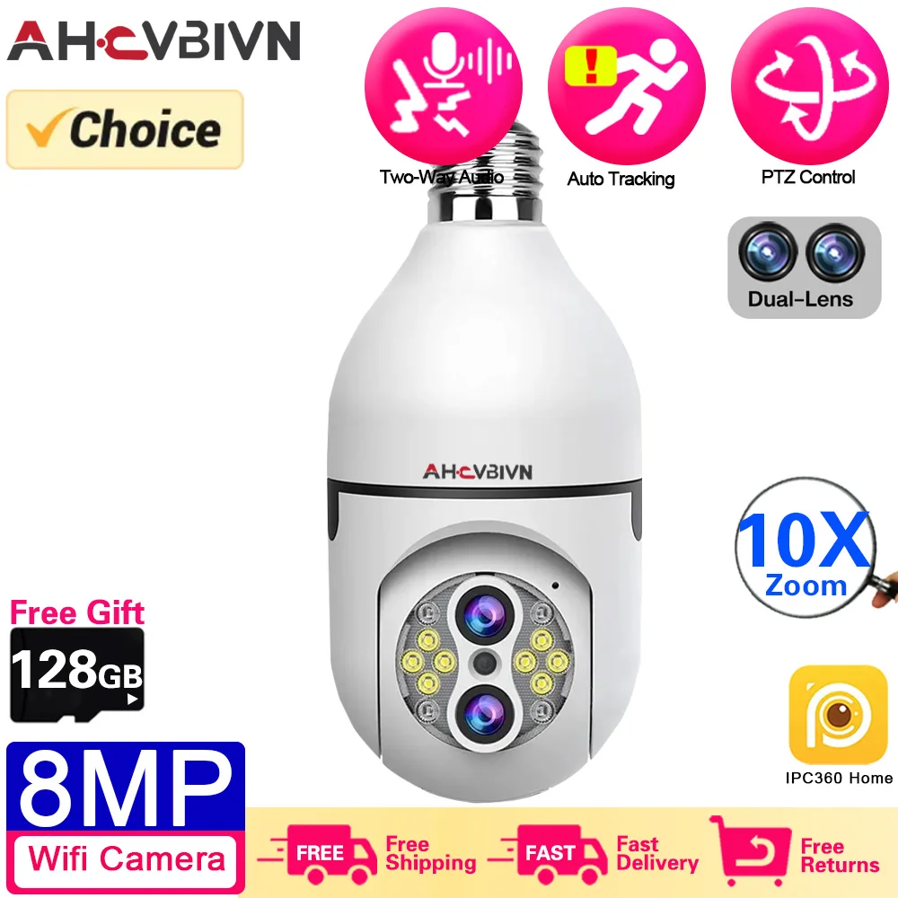 8MP 4K  E27 Bulb Camera WiFi Baby Monitor 10X Zoom Auto Tracking Indoor Video Surveillance Home Security Cam Floodlight Carecam