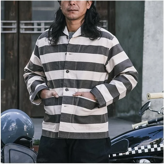 

Non Sto Men's Jaet Prisoner Stripe awl Collar Motorcycle Workwear Coat Loose Fit Long Sve Autumn Winter Faion