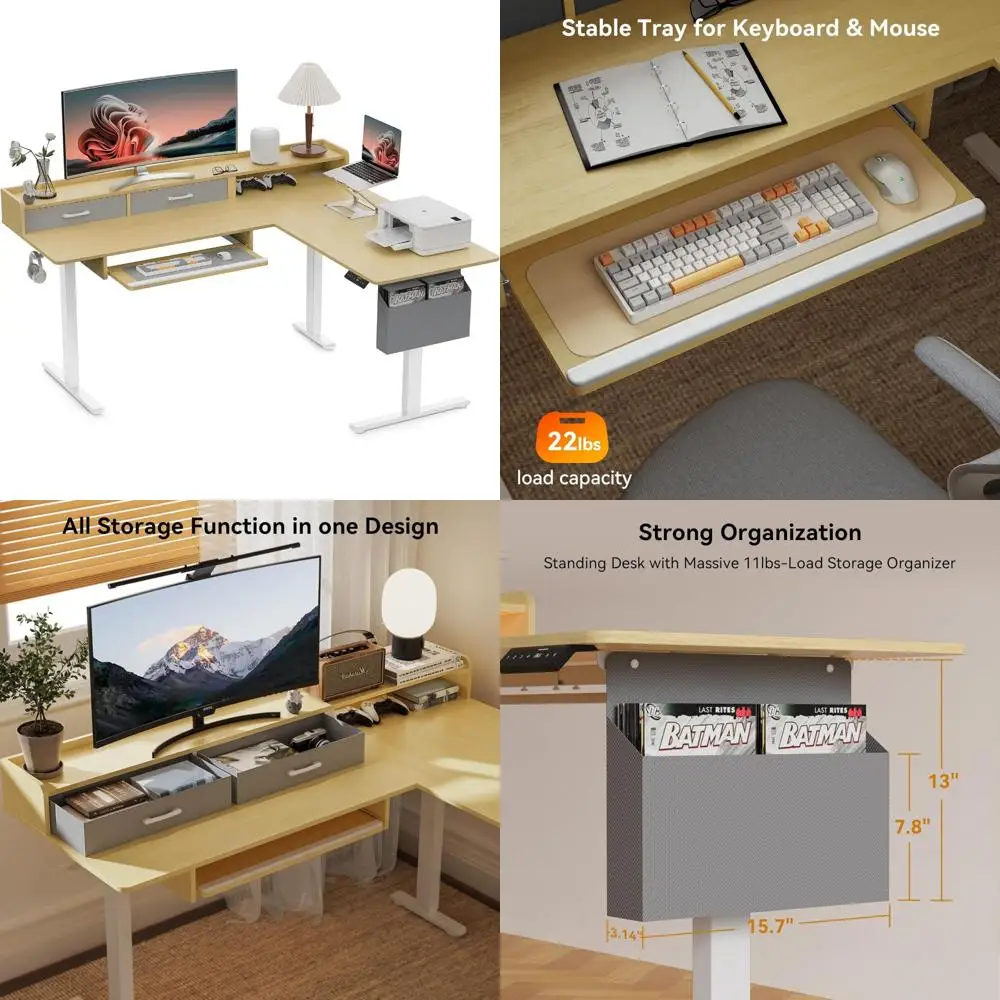 Electric Height Adjustable L-Shaped Desk with 2 Drawers, Sit-Stand Office Computer Desk for Home Use