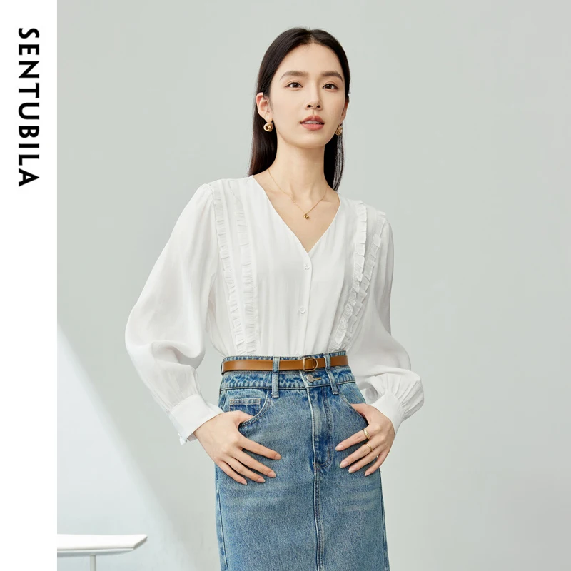

SENTUBILA Solid Shirt For Women's Spring 2025 New Style Romantic Ruffle V-Neck Loose Slimming Office Long Sleeved Top 141C53295