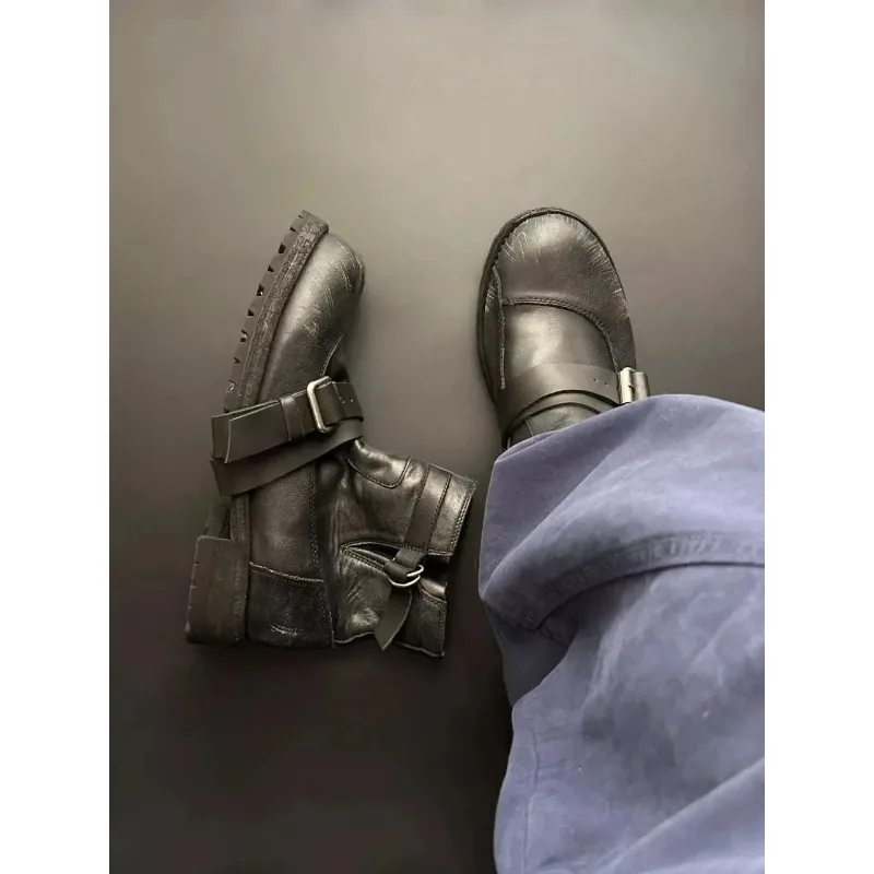 Unisex Distressed Motorcycle Boots Do-the-old Thick Bottom Short Ankle Boots Retro Motorcycle Faded Mid-Calf shoes