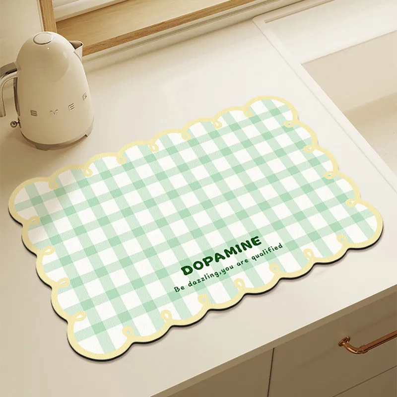 VIKAMA Dopamine Green Check Scalloped Dish Drying Mat Absorbent Non Slip Waterproof Kitchen Coffee Counter Draining Pad