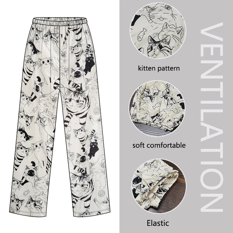 السراويل المنزلية في الهواء الطلق للنساء بيجامة السراويل لينة مريحة الكرتون مو القط معركة كبيرة مرونة الخصر طالب فضفاض النوم السراويل