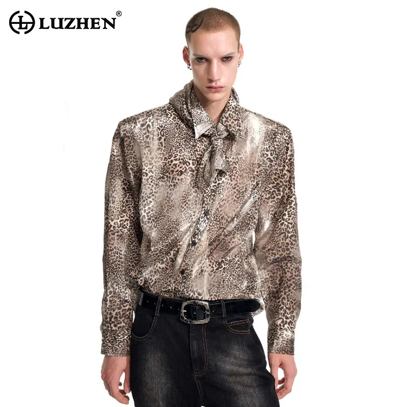 

LUZHEN Fashion Original Niche Necktie Decorate Design Leopard Print Long Sleeve Shirts Men's Luxury Elegant Handsome Tops JY3936