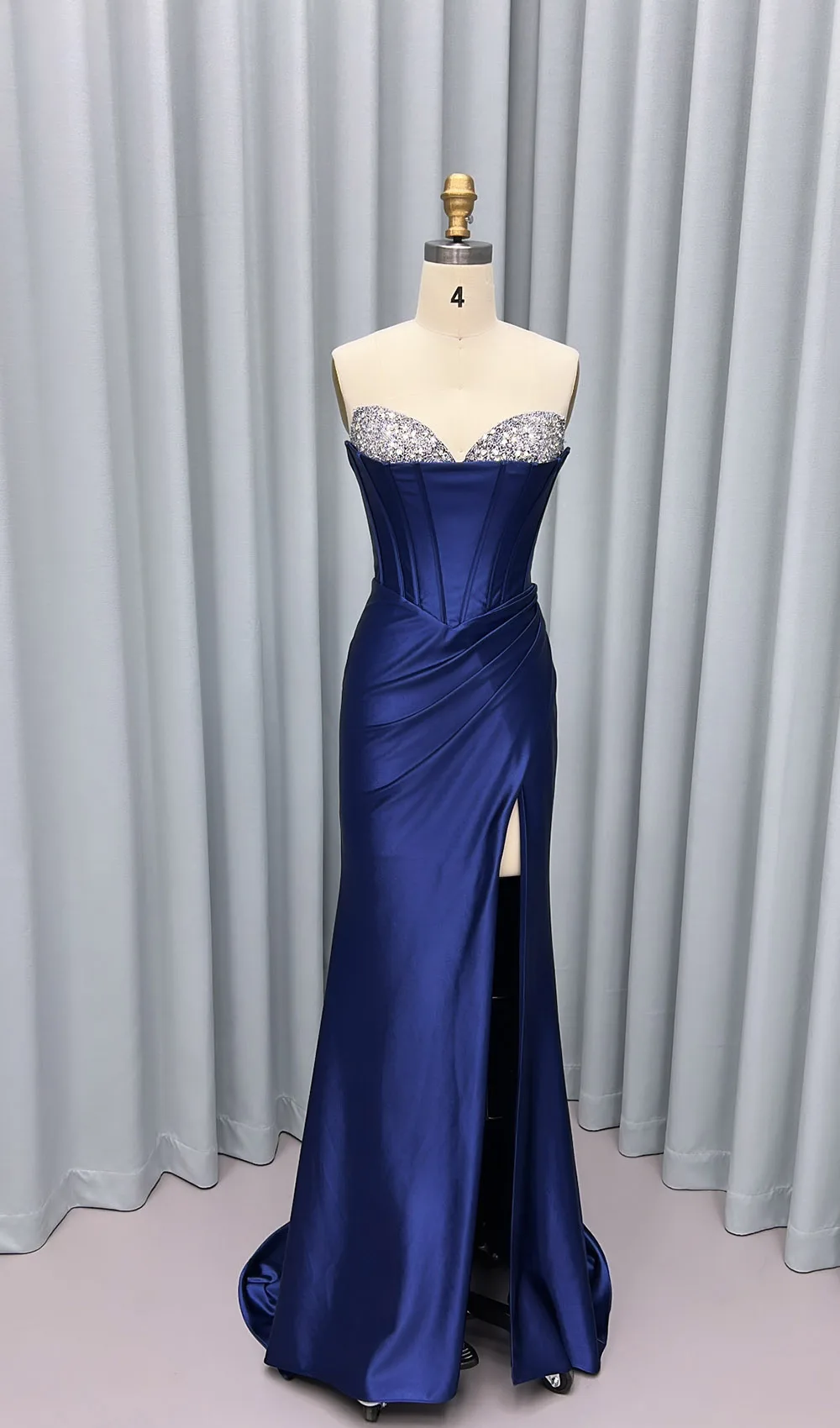 YQLNNE Navy Blue Crystals Beaded Long Prom Dresses Strapless Satin Detail Corset Bustier Formal Gown High Slit