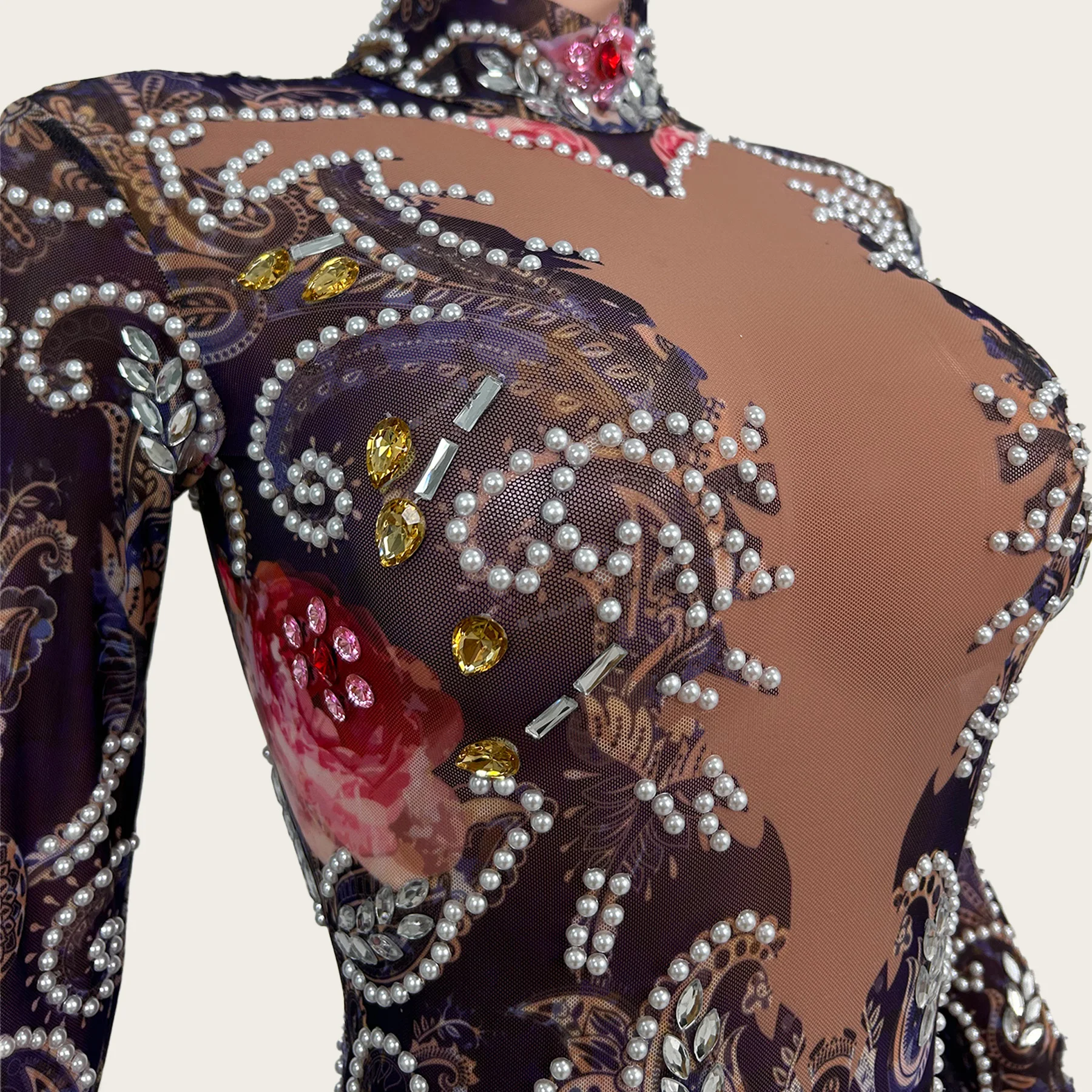 

Women Printing Pearls Jumpsuit Sparkly Rhinestone Nightclub Evening Party Outfit Singer Dancer Show Costume Stage Wear Meiguiku