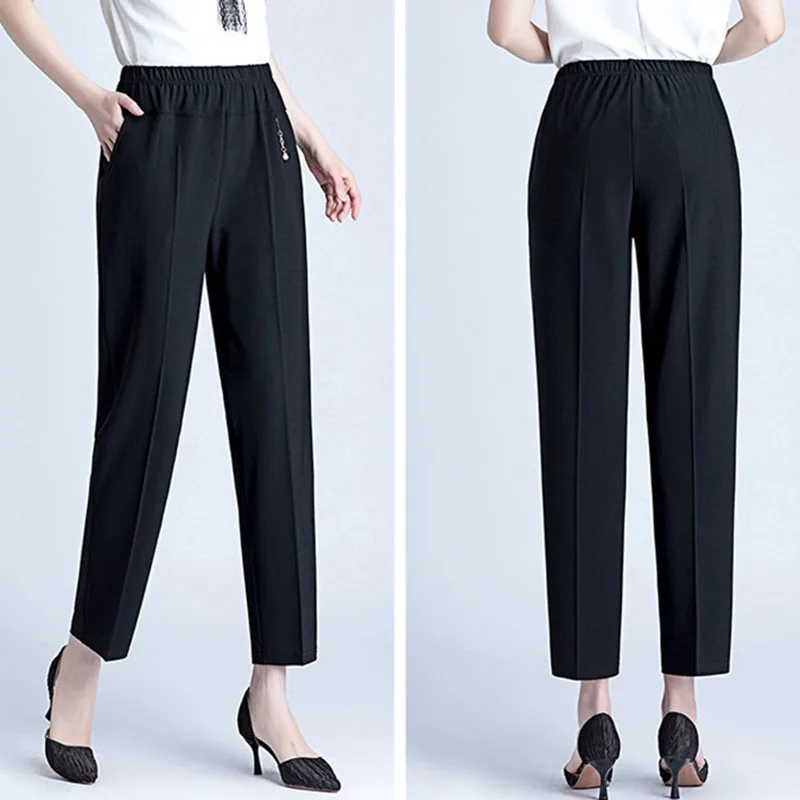 Middle-aged Elderly Women Summer Pants 2023 New Plaid Thin Loose Stretch Straight-leg Pants 5XL 6XL 7XL 8XL Female Casual Pants