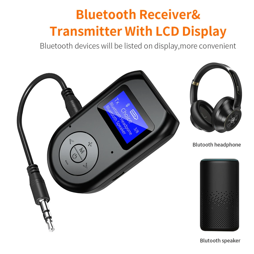 Bluetooth 5,0 Audio Sender Empfänger 3,5mm Jack AUX Wireless Audio Adapter LCD Display Mit Mic für TV Lautsprecher Auto stereo