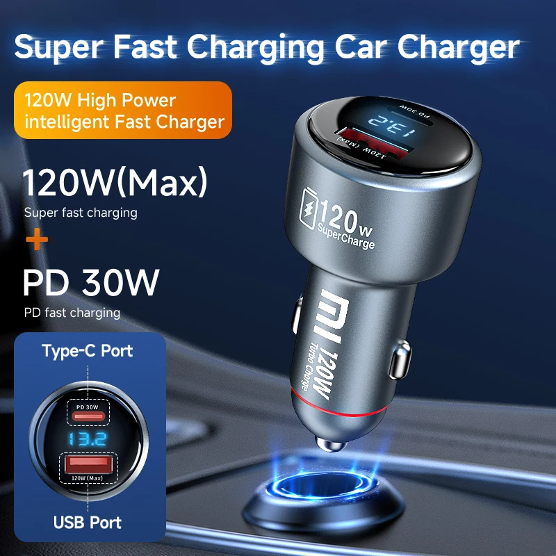 120W Xiaomi USB Type C Car Charger 67W 6A Turbo Fast Charging Adapter For Mi 14 13 13T 12 Pro Redmi Note K60 IPhone 16 15 Charge