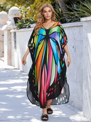 Sexy V Neck Women's Kaftan Long Dress Women Summer Wear 2024 Bohemian Chic Butterfly Printed Comfy Vacation Maxi Dresses Q1635