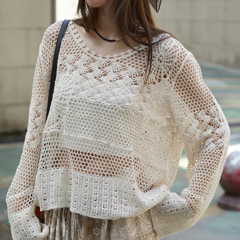 EAEOVNI カジュアル中空ニットブラウス女性 O ネック長袖ルーズ無地プルオーバートップスファッション 2025 新しい服