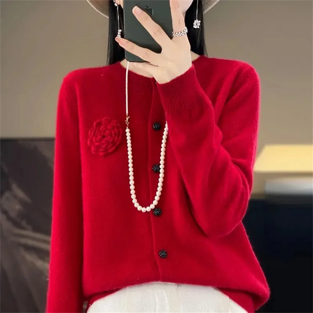 Red Cardigan Women\'s Autumn/Winter O-Neck Three-Dimensional Embroidered Coat Sweater Long Sleeve Jacket Knitted Cashmere Sweater