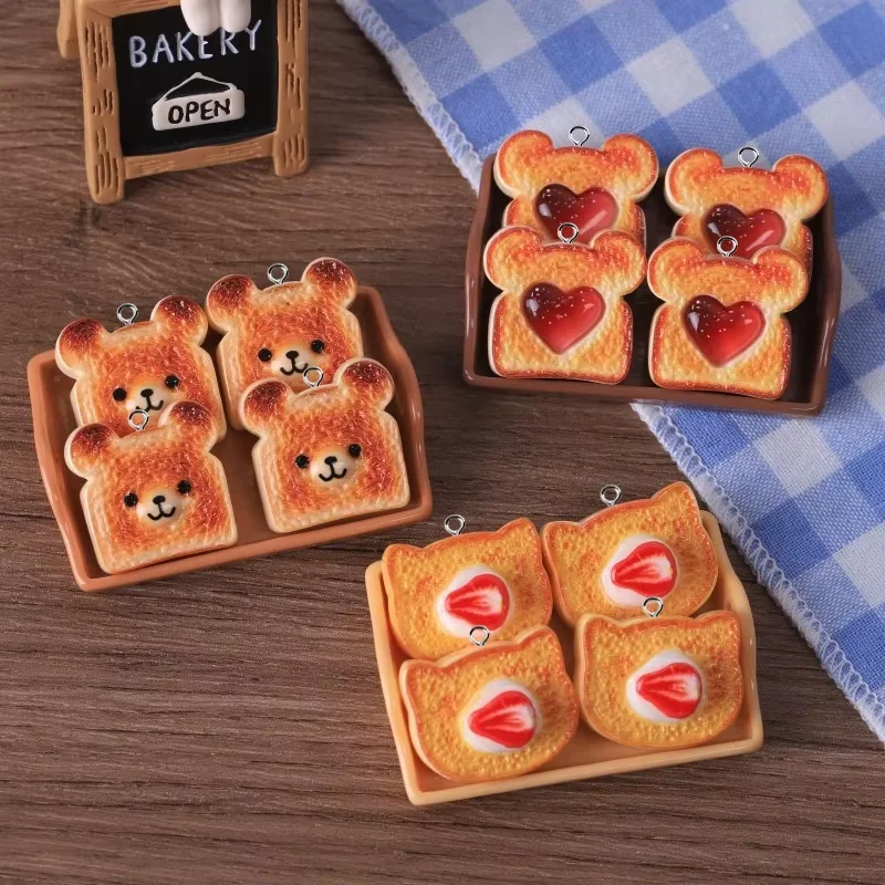 10pcs Heart Bear Cat Animal Shape Toast Bread Resin Charms Cute Claws Food Pendant Diy Earring Necklace Keychain Jewelry Make