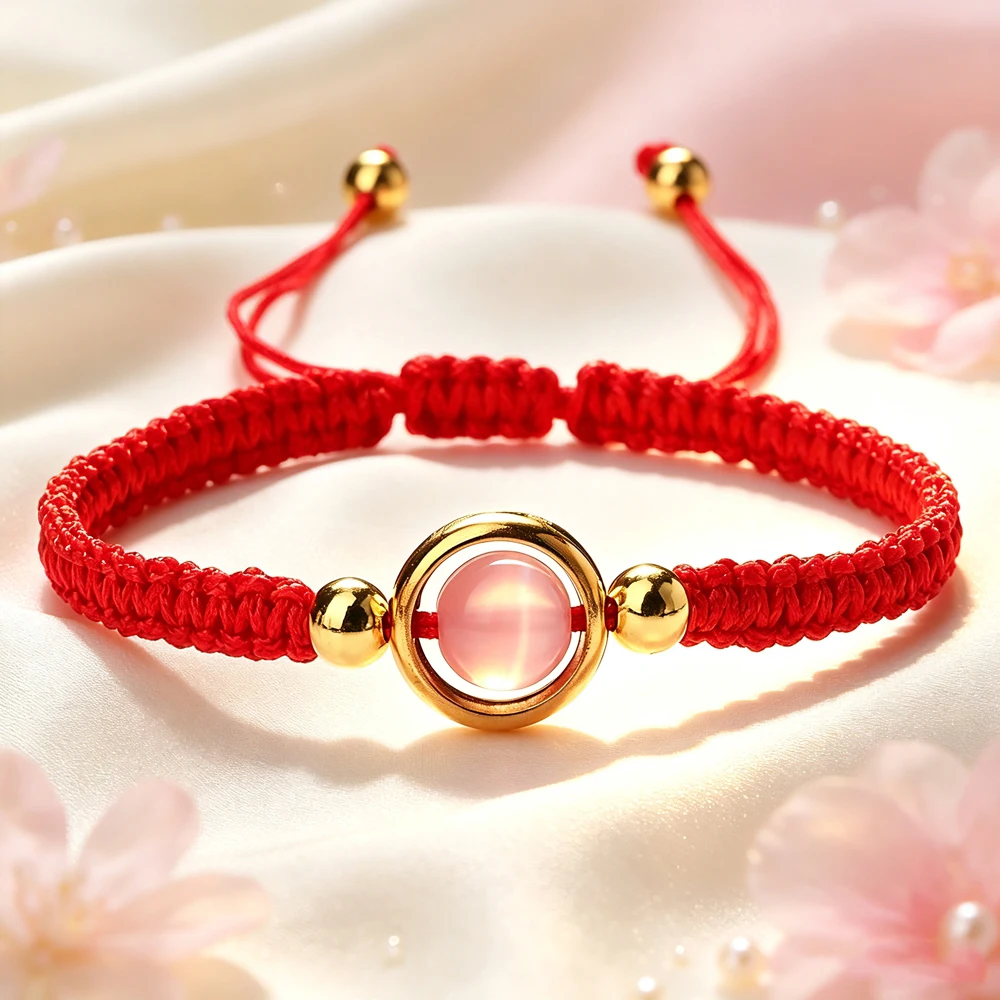 Lucky Pink Cat Eye Beads Bracelet For Women Natural Stone Red Thread String Bracelet Men Handmade Weave Rope Bangle Jewelry Gift