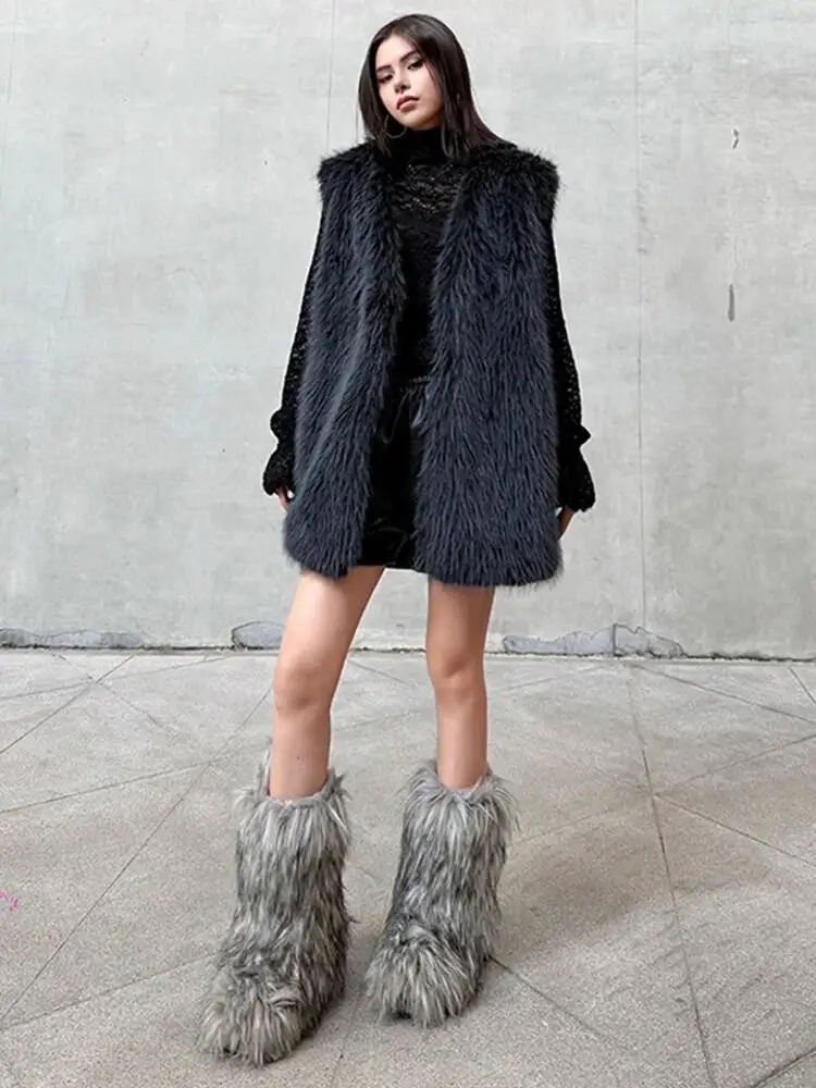 

Women Blue Brief Faux Fur Big Size Thick Warm Vest New V-collar Sleeveless Fashion Tide Autumn Winter