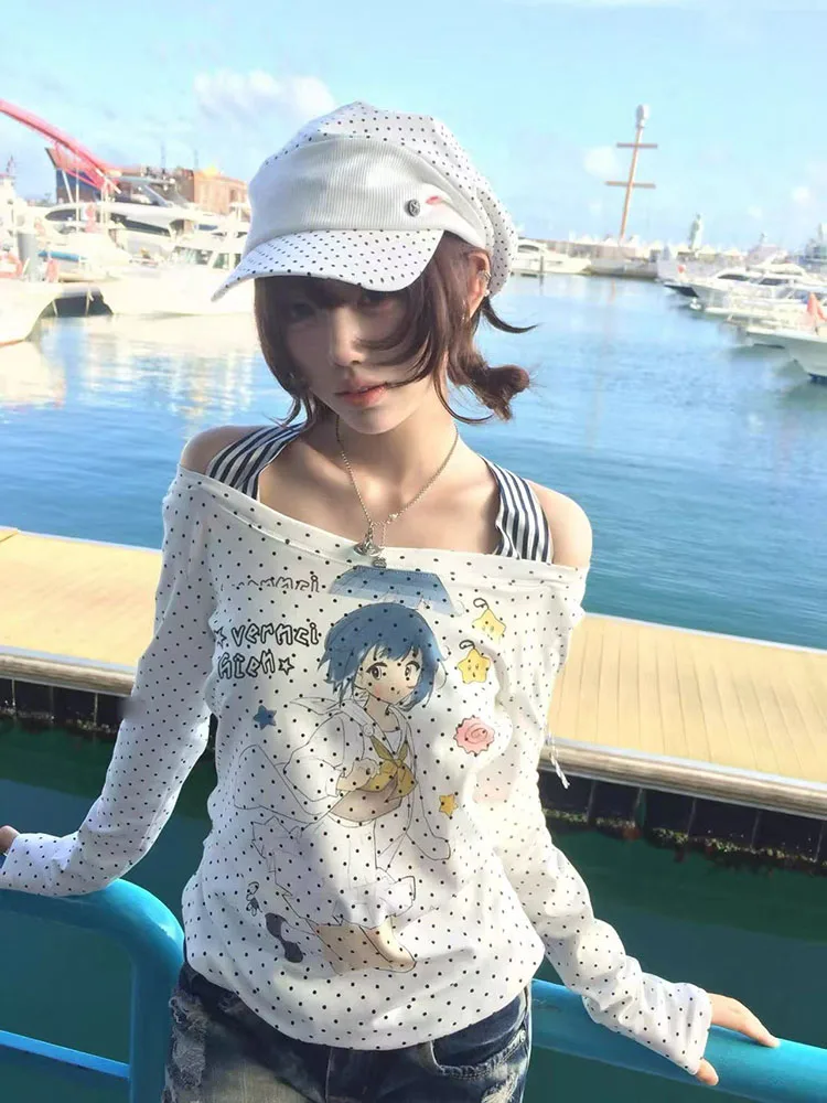 Japanese Y2K Anime Print T Shirt Women 2000S Cute Off Shoulder Tops Vintage Harajuku Long Sleeve Fake 2 Piece Tees Kawaii