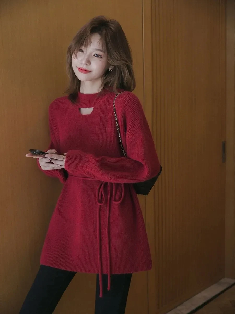 Sweater Women's 2025 Spring/Autumn New Fashionable Age Reducing Hollow Design with Strap Slimming Round Neck Medium Long Style