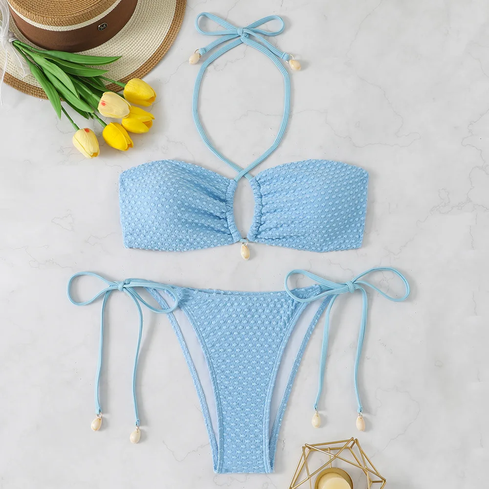 

sexy shell pendant bandeau bikinis sets two pieces halter tie thong swimsuits bathing suit swimwear tankini biquini trikini