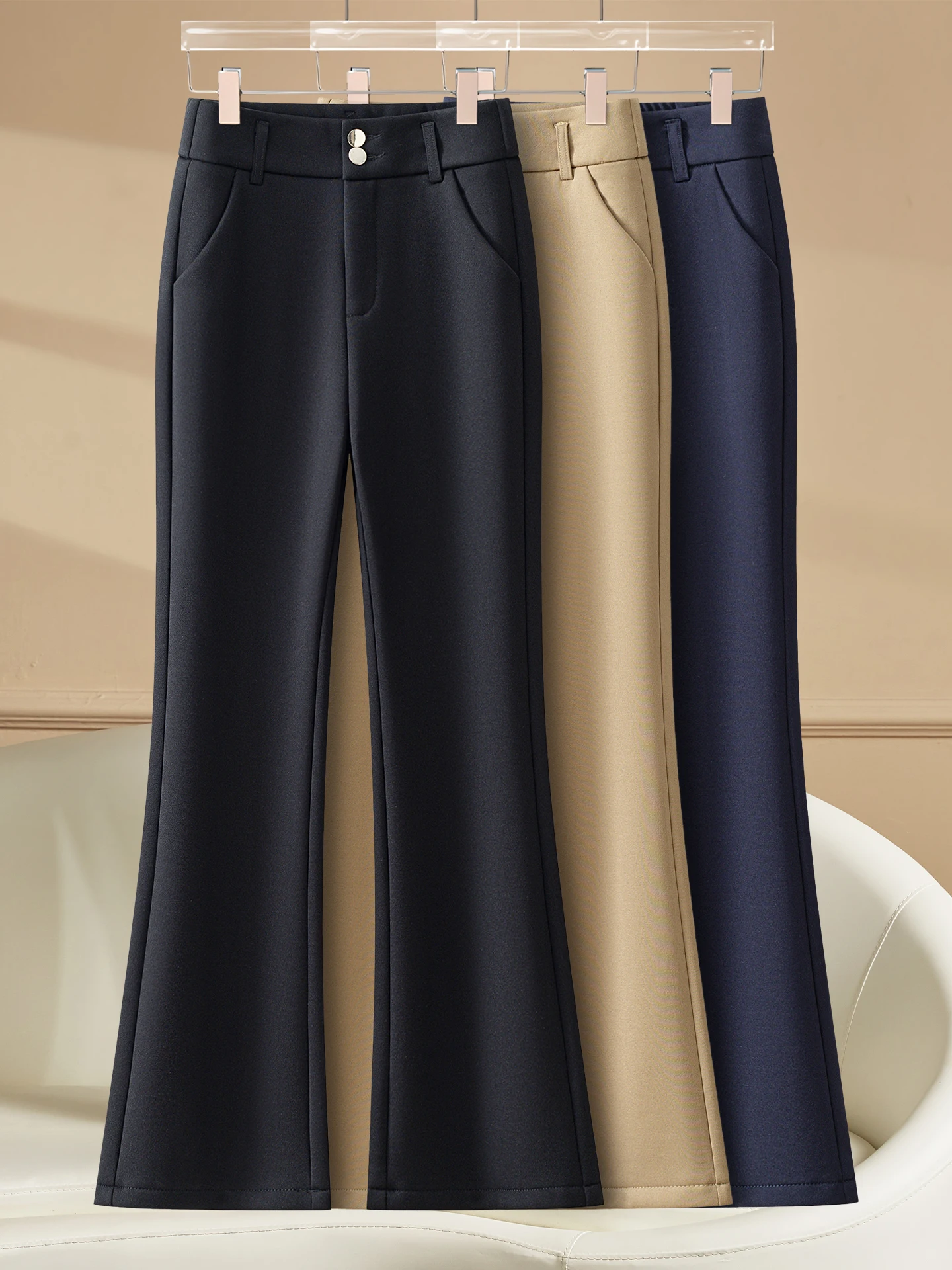 

High Waist Fleece Lined Flared Straight Leg Trousers Women's Autumn Winter Casual Pants Drapey Long Pants Business Casual
