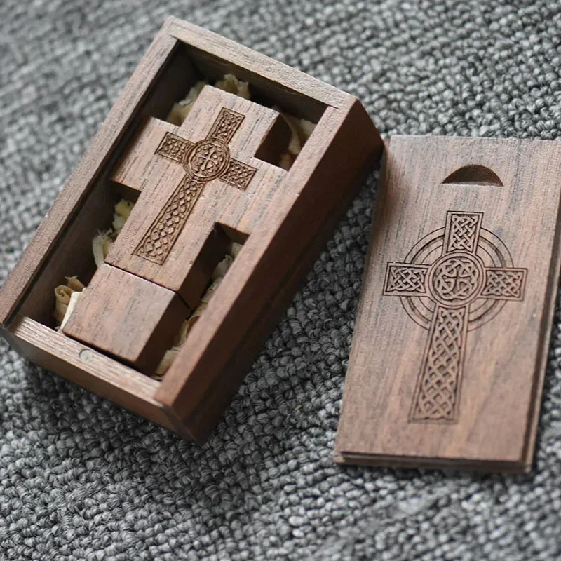 Wooden Cross Pen Drive Free Custom Logo Flash Drives Walnut Box Memory Stick Maple Real Capacity U Disk 128GB/64GB/32GB/16GB/8GB