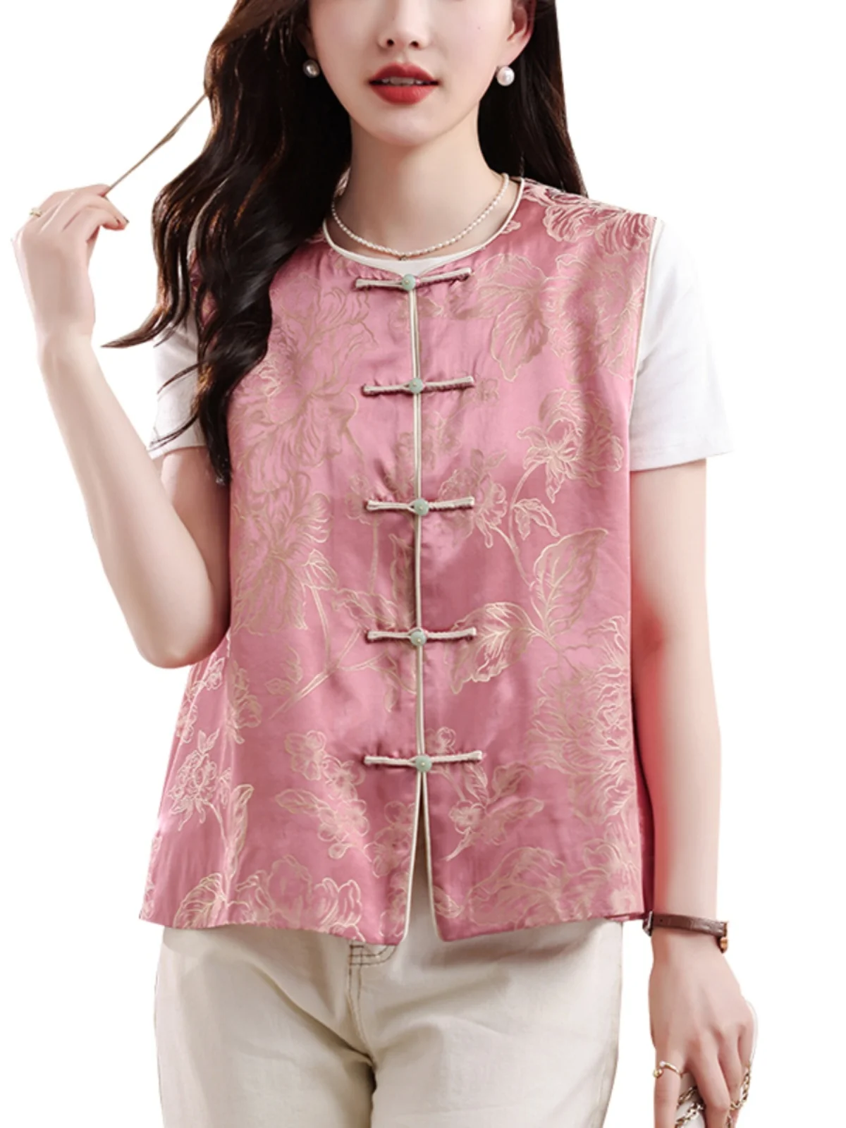 سترة نسائية وردية ثقيلة الوزن للربيع والصيف تصميم ريترو مطرز صيني Sle الاتجاه الوطني بأزرار علوية من القطن 00% #5