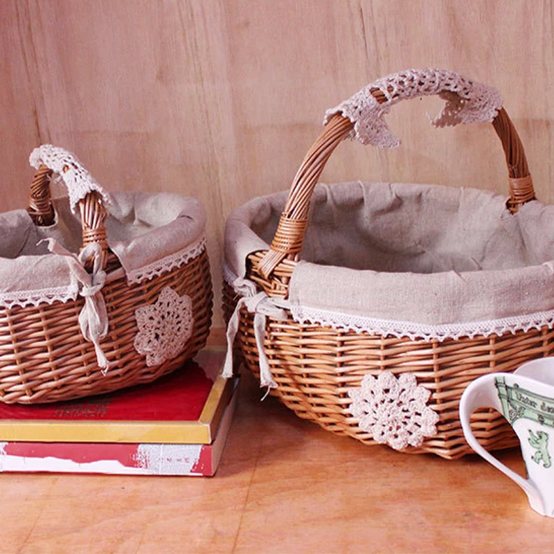 A wicker rattan woven white flower bow flower child basket Wedding stage beautiful decorative house dress picnic storage blue