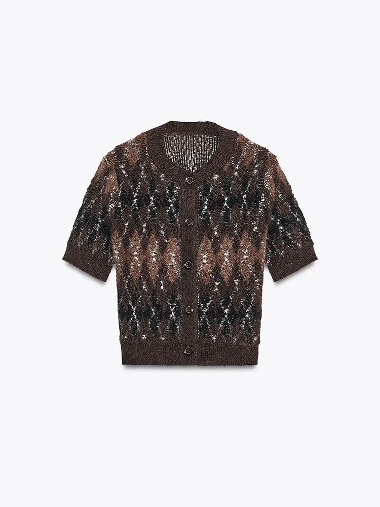 Fall 2025 New Arrival Women's Knitted ort Sve round Ne Jaet Faionable Diamond Pattern Casual Sle Girl's Coat