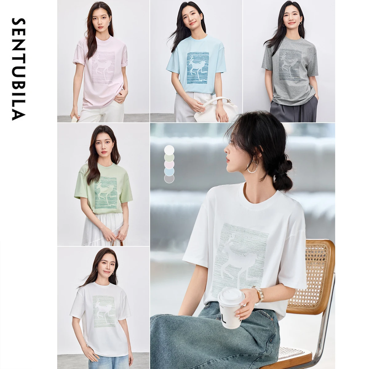 

SENTUBILA Line Art женская футболка 2024, весенняя повседневная свободная посадка, модные уютные пуловеры с круглым вырезом и короткими рукавами, топы, женские 152T59293