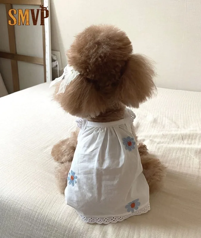 

Korean Embroidery Small Daisy Cherry Pineapple Fresh and Cute White Suspender Dress Small Pet Dress Clothes Dog Dresses