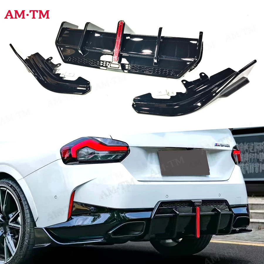 

For BMW 2 Series G42 M240i M235i M Sport 2023+ Bright Black Car Rear Bumper Diffuser Lip Spoiler With LED Body kit
