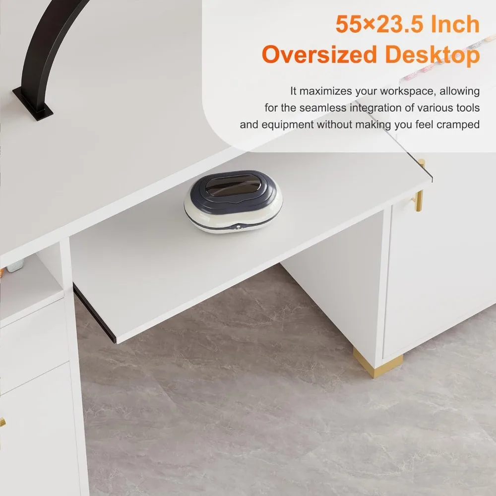 Mesa de manicure com 2 gavetas e armário, mesa de unhas branca e dourada de 55 polegadas para técnicos de unhas, prateleira móvel incluída