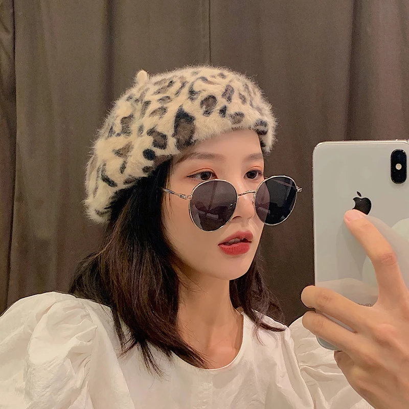 autumn Winter  Women Fuzzy  Leopard Berets Warm  Rabbit fur beret  Fashion Walking Cap