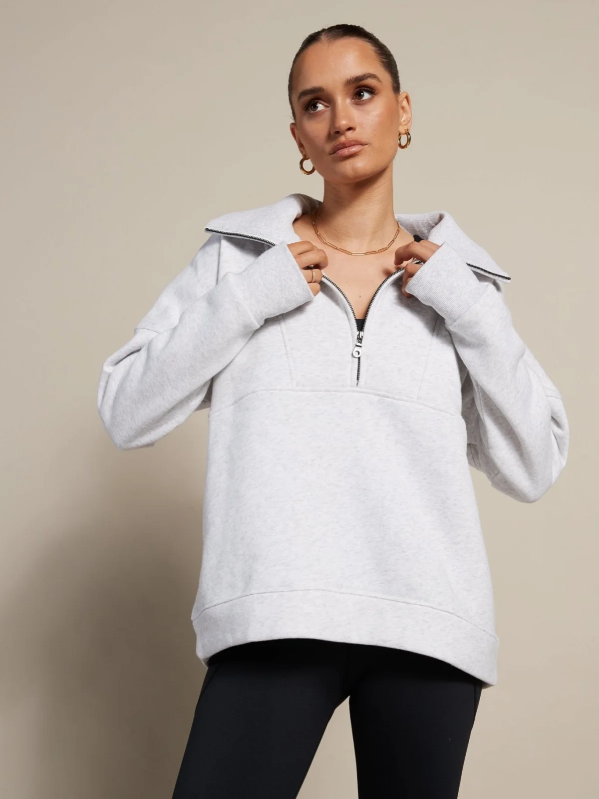 Half Zip Solid Sweatshirts Women Long Sleeve Thumb Hole Pockets Oversized Pullovers Top Stand Collar Casual Loose Fit Streetwear