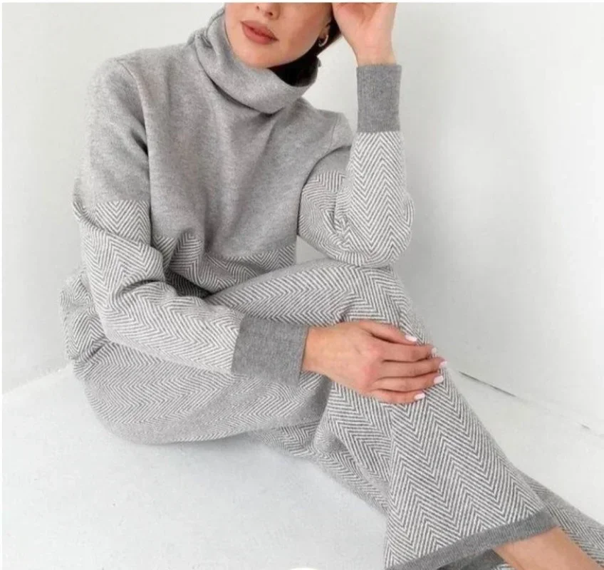 Autumn and Winter New Lazy Simple Half-high Neck Sanded Head Loose Warm Soft Tracksuit Two-piece Women's Clothing Pullover