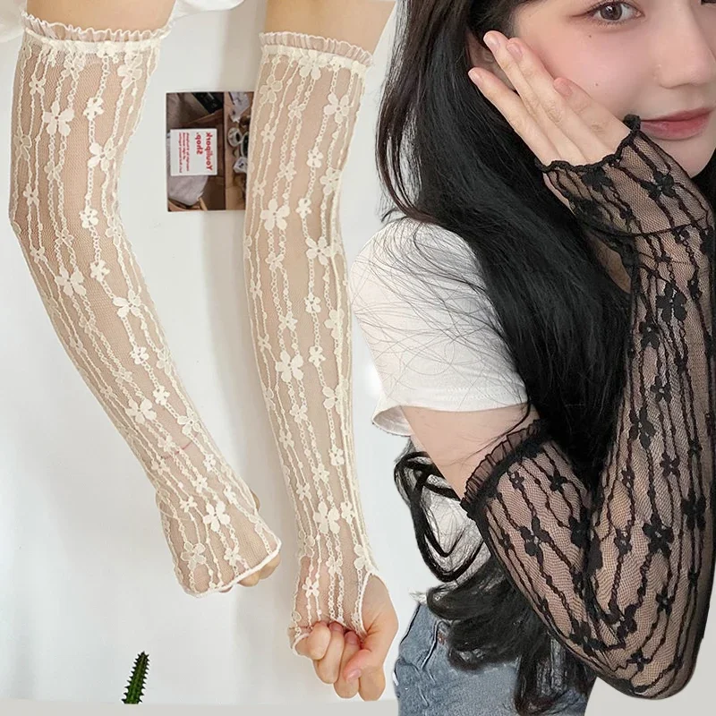 Summer Long Fingerless Gloves Women Sun Protection Sleeves Gloves Lady Lace Mesh Arm Sleeve Sunscreen Uv Breathable Mittens