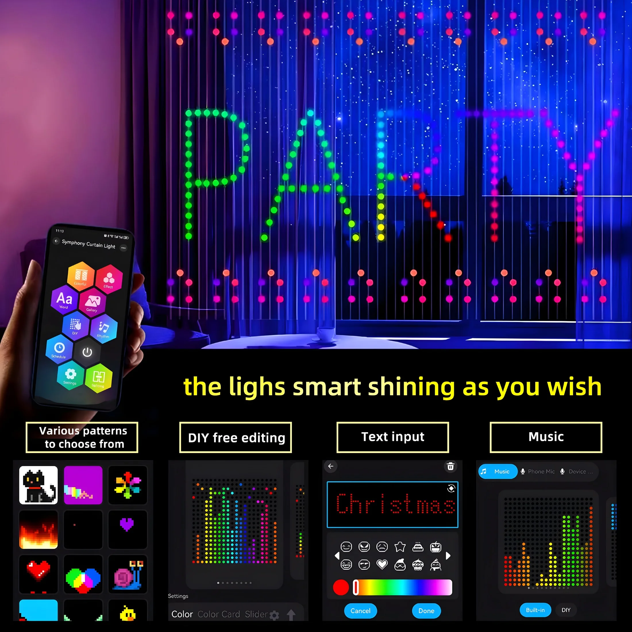 Smart LED Curtain Lights 400 RGB USB App Control DIY Pixel Display Music Sync Fairy String Lights for Game Room Decor