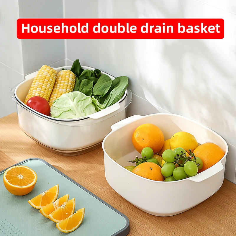 

Obelix Kitchen Double Drain Basket Drainer Fruits Vegetables Washing Storage Basket Strainers Bowl Cleaning Filter Colander Tool