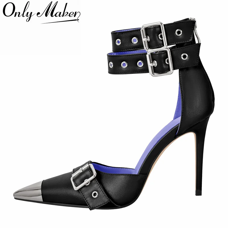 

Onlymaker Women Pointed Metal Toe Stiletto Double Ankle Strap Denim Pumps High Heeled Big Size Pumps Heels