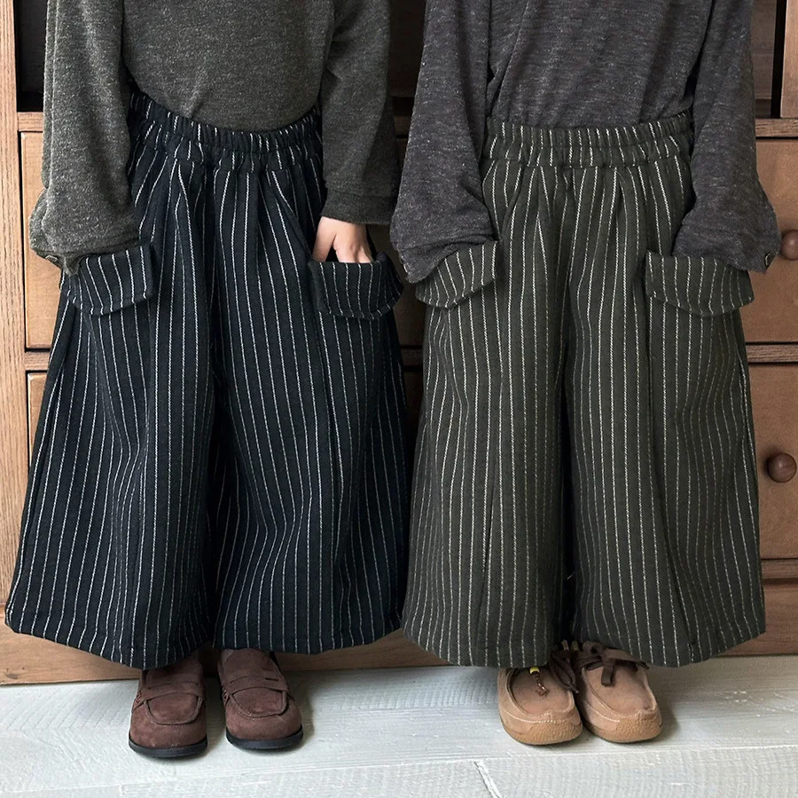 2026 Children's Spring and Autumn New Vertical Woolen Pants for Boys and Girls Baby Vintage Wide Leg Nine Part Pants