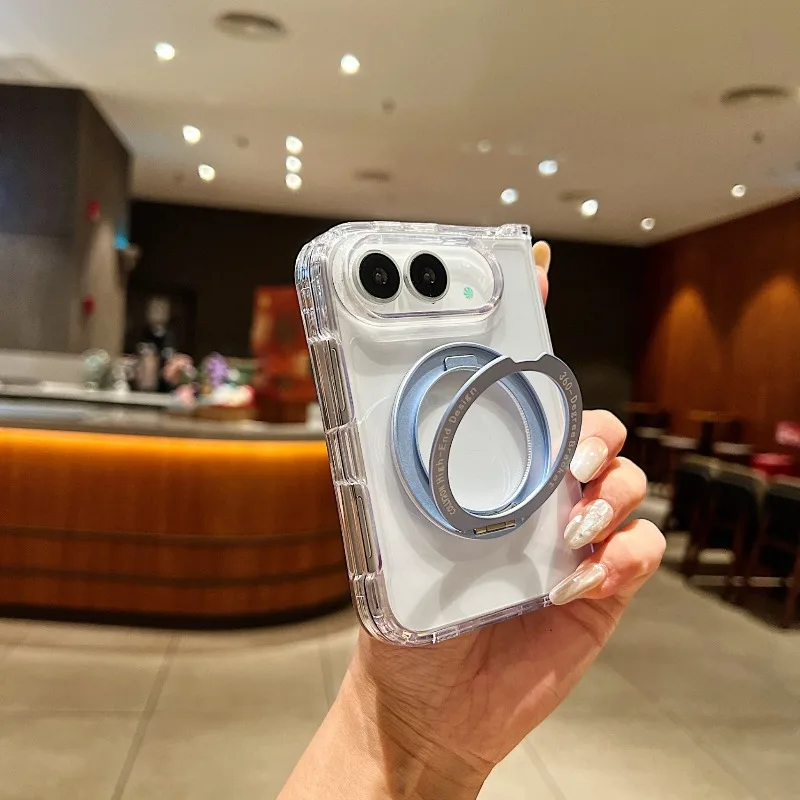 Simple Clear Transparent Magnetic 360° Rotatable Metal Ring Stand Shockproof Anti-Drop Phone Case for iPhone Duo 18 Fold